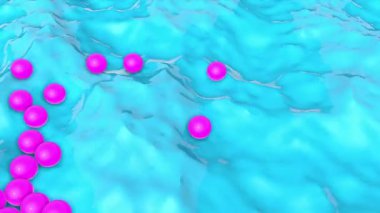 Mor topları turkuaz dalga yüzeyinde taşımak. üç boyutlu animasyonlu arka plan. 3D render