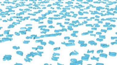 Turkuaz üç boyutlu harfler yavaş yavaş beyaz bir arka plan üzerinde uçmaya. 3D render