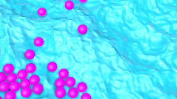 Paarse Ballen Verplaatsen Een Turquoise Golf Oppervlak Geanimeerde Driedimensionale Achtergrond — Stockvideo
