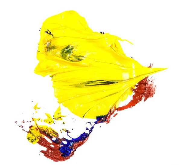Mancha de tinta a óleo azul, amarelo e vermelho. esfregaço no backgrou branco — Fotografia de Stock