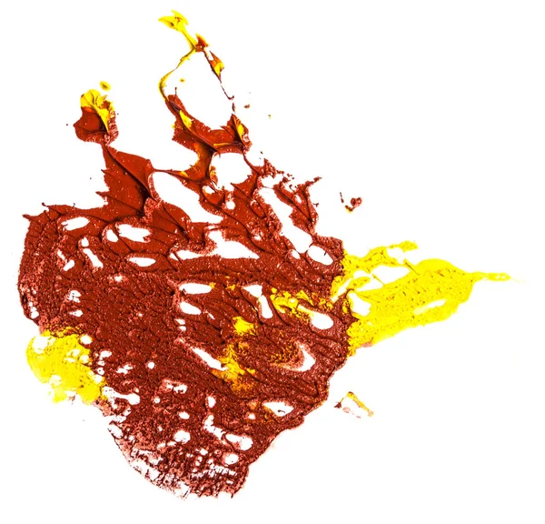 Macchia di vernice ad olio gialla e rossa. striscio su sfondo bianco — Foto Stock