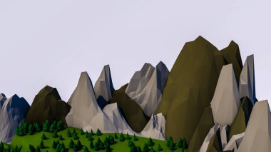 Noel ağaçları ile düşük poli manzara. 3d render illüstrasyon
