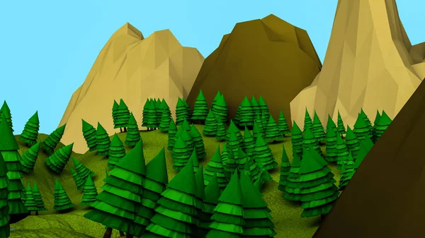 Laag poly landschap met kerstbomen. 3D renderen illustratie — Stockfoto
