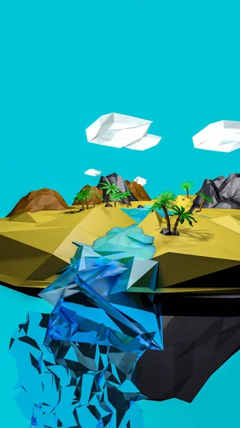 Nízká Poly-pouštní krajina s palmami. 3D vykreslení iluatio — Stock fotografie