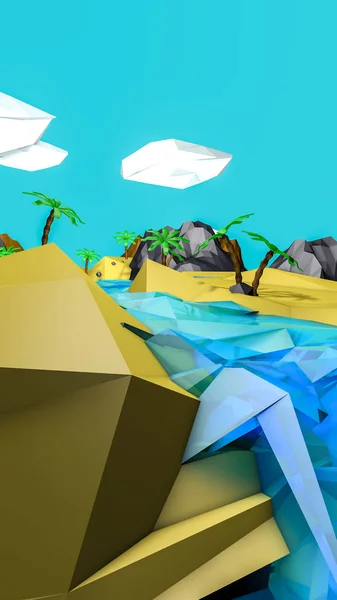 Palmiye ağaçları ile düşük poli çöl manzara. 3d render illustratio — Stok fotoğraf