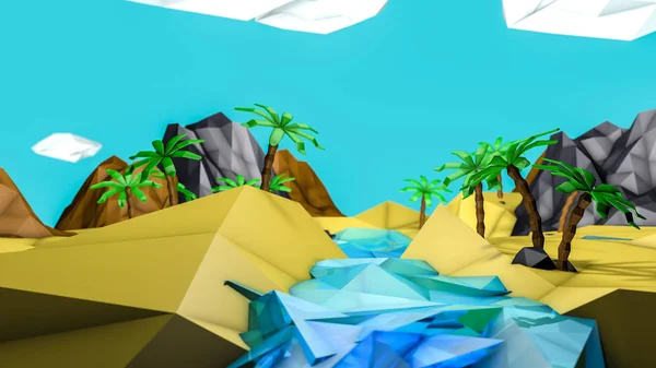 야자수와 낮은 폴리 사막 풍경. 3D 렌더링 설명 — 스톡 사진