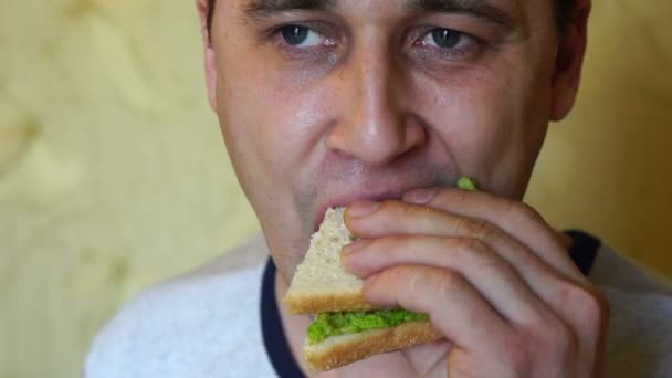 Carino Giovane Uomo Caucasico Affamato Con Appetito Sta Mangiando Panino — Video Stock