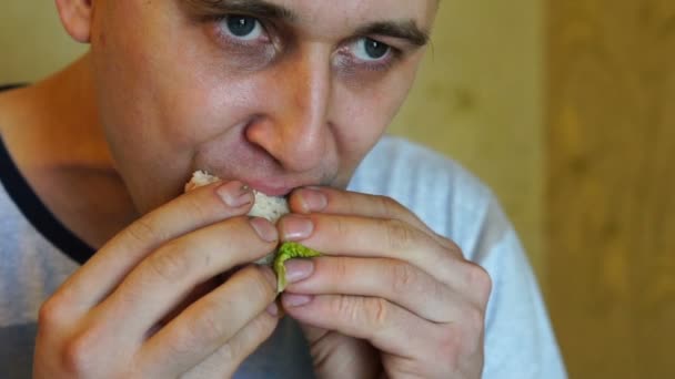 Mignon Jeune Homme Caucasien Affamé Avec Appétit Mange Sandwich Savoureux — Video