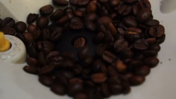 コーヒーマシンは 朝のコーヒー クローズアップ スローモーションのための香りの良いコーヒー豆をチョップ — ストック動画