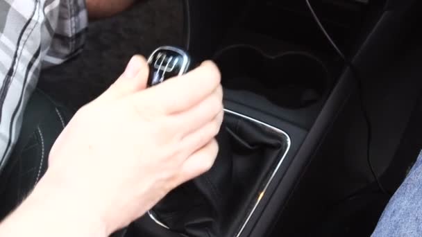 Driver Hand Switches Speed Manual Transmission Close — Stock Video