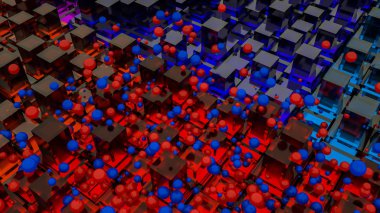 Cam çok renkli küpler ve küreler soyut arka plan. 3d