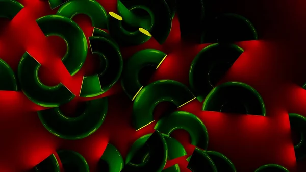 Zöld fényes félgyűrűk világító sárga felületekkel. 3D-renderelés — Stock Fotó
