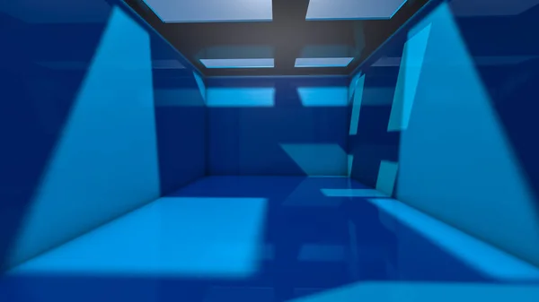 带孔的蓝色三维房间。3d 渲染。插图 — 图库照片