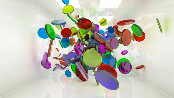 Разноцветные диски рассеиваются в разных направлениях. Абстр — стоковое фото