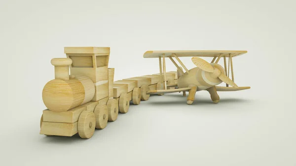 Trójwymiarowa drewniana zabawka dwupłatowiec i pociąg. Renderowanie 3D. Illus — Zdjęcie stockowe