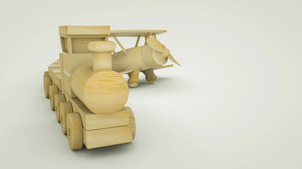 Three-dimensional wooden toy biplane and train. 3d render. Illus — Stock Photo, Image