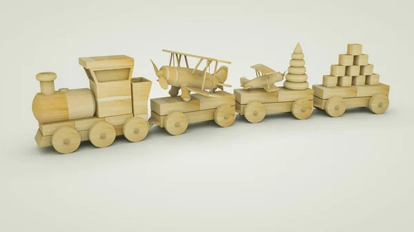 Trem de madeira tridimensional carrega aviões de brinquedo e outros brinquedos — Fotografia de Stock