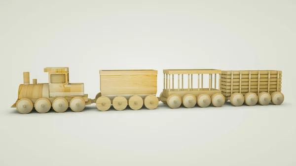 Trojrozměrný dřevěný vlak na bílém podkladu. prostorové vykreslení. — Stock fotografie