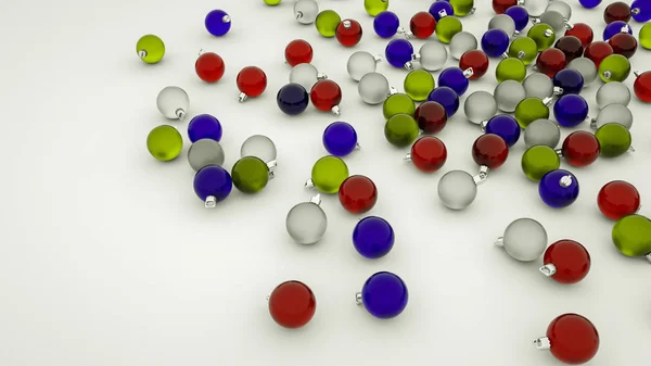 Boules de Noël multicolores en verre tridimensionnel sur un blanc — Photo