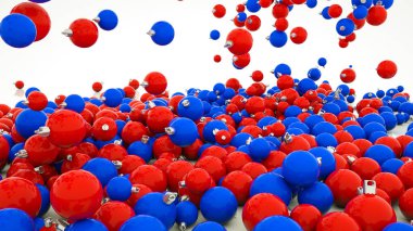 üç boyutlu mavi ve kırmızı Noel topları. Yeni Yıl konsepti