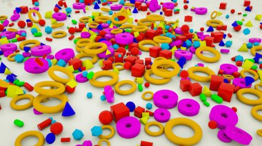 üç boyutlu çok renkli ilkel nesneler. Arka plan . 