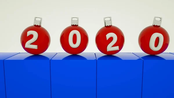 Трехмерные красные рождественские шары на синих подставках. цифры 2 — стоковое фото