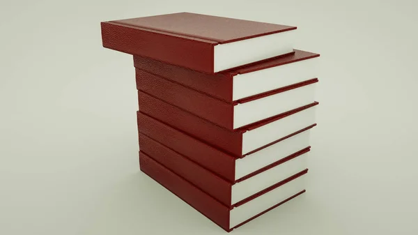 Muitos livros em uma capa vermelha em um fundo branco. 3d renderizar illus — Fotografia de Stock