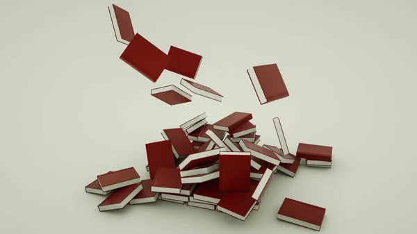 Muchos libros en una cubierta roja sobre un fondo blanco. 3d renderizar illus — Foto de Stock