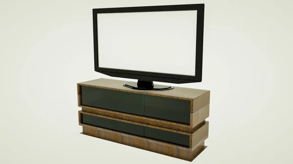 Великий плоский телевізор на дерев'яній підставці. 3d ілюстрація рендеринга — стокове фото