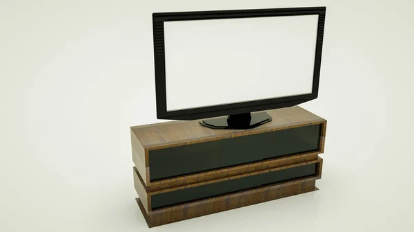 Grande televisore piatto su un comodino in legno. Illustrazione rendering 3d — Foto Stock