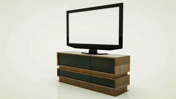 Grote flatscreen-tv op een houten nachtkastje. 3D renderen illustratie — Stockfoto