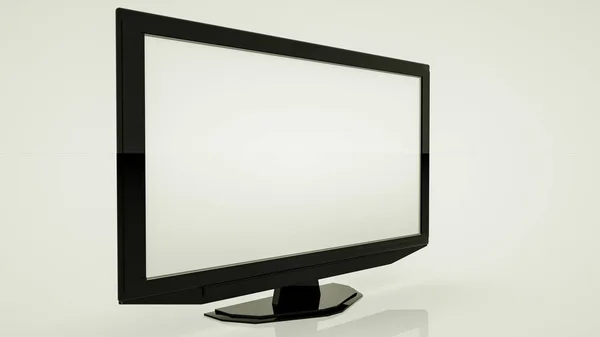 Μεγάλη επίπεδη μαύρη τηλεόραση που βρίσκεται σε λευκό φόντο. απεικόνιση 3D — Φωτογραφία Αρχείου