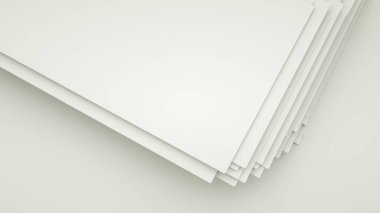 Boş kağıtlar masaya serpilir. 3d render. illustrat