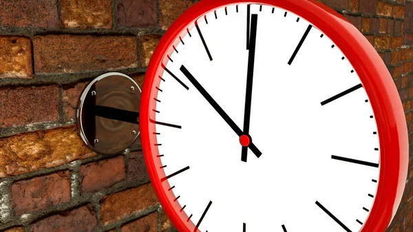 Horloge ronde accrochée à un mur de briques. Illustration de rendu 3d — Photo
