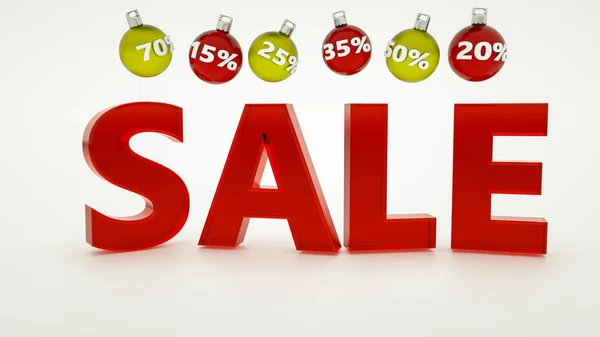 Driedimensionaal woord verkoop en kerstballen met nummers van — Stockfoto