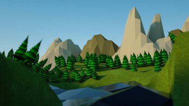 stilize köknar ağaçları ve kayalar ile düşük poli manzara. 3d renderi