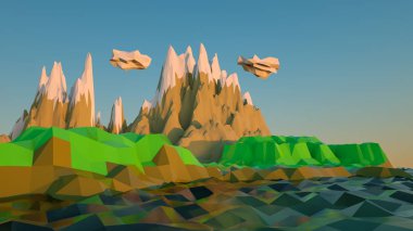 stilize dağlar ile düşük poli manzara. 3d render illustr