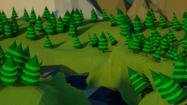 stilize köknar ağaçları ve kayalar ile düşük poli manzara. 3d renderi