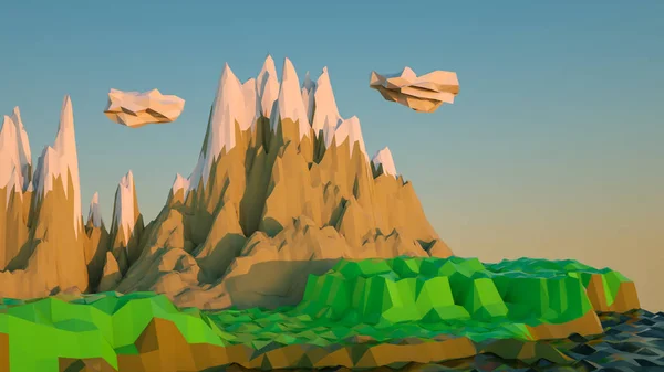 low poly landscape with stylized mountains. 3d rendering illustr