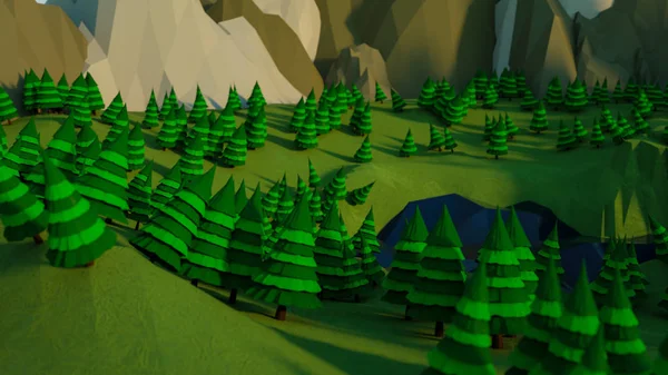 low poly landscape with stylized fir trees and rocks. 3d renderi