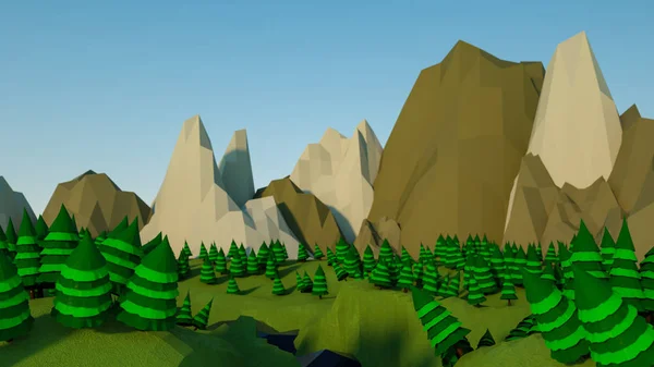 low poly landscape with stylized fir trees and rocks. 3d renderi