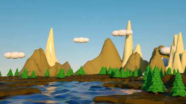 Kayalıklar ve bir nehir ile üç boyutlu düşük poli manzara. 3d