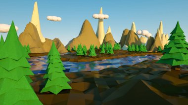 Kayalıklar ve bir nehir ile üç boyutlu düşük poli manzara. 3d
