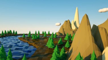 Kayalıklar ve bir nehir ile üç boyutlu düşük poli manzara. 3d