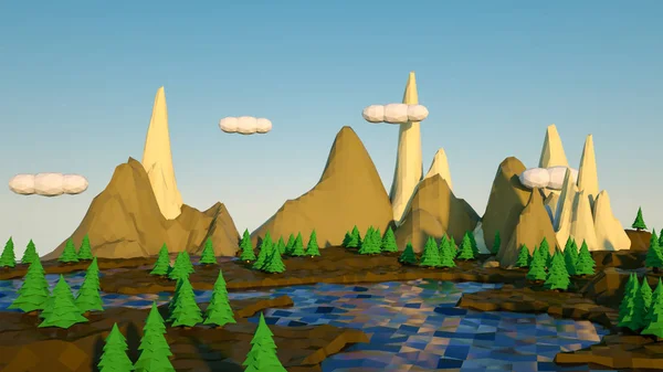 Three-dimensional low poly landscape with cliffs and a river. 3d — Stock Photo, Image