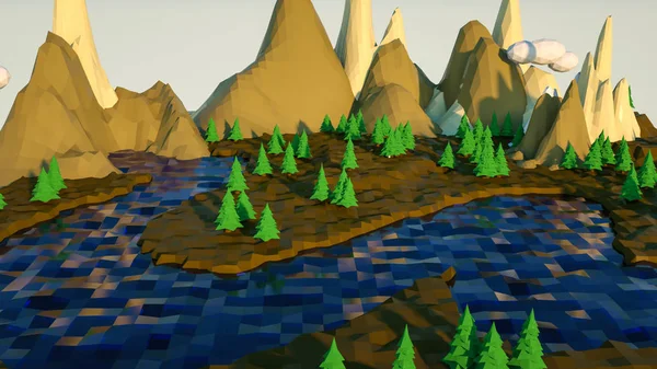 Driedimensionaal laag-poly landschap met kliffen en een rivier. 3d — Stockfoto