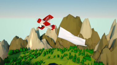 boş bir afiş ile stilize çift kanatlı alçak bir poli topraklar üzerinde uçar