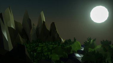 uçurumlar ve orman ile gece düşük poli manzara. 3d render il