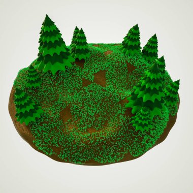 kahverengi bir adada köknar ağaçlarının stilize üç boyutlu modelleri