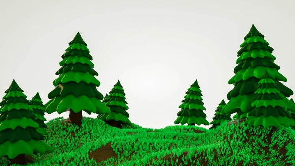 Stylizowane trójwymiarowe modele drzew jodłowych. Renderowanie 3D źle — Zdjęcie stockowe